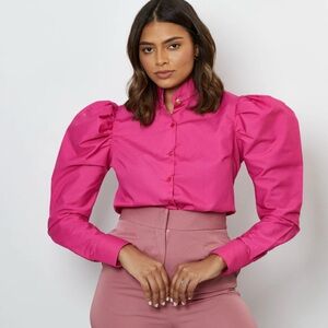 &Merci hot pink button-down blouse with puff sleeves size L vibrant pink preppy